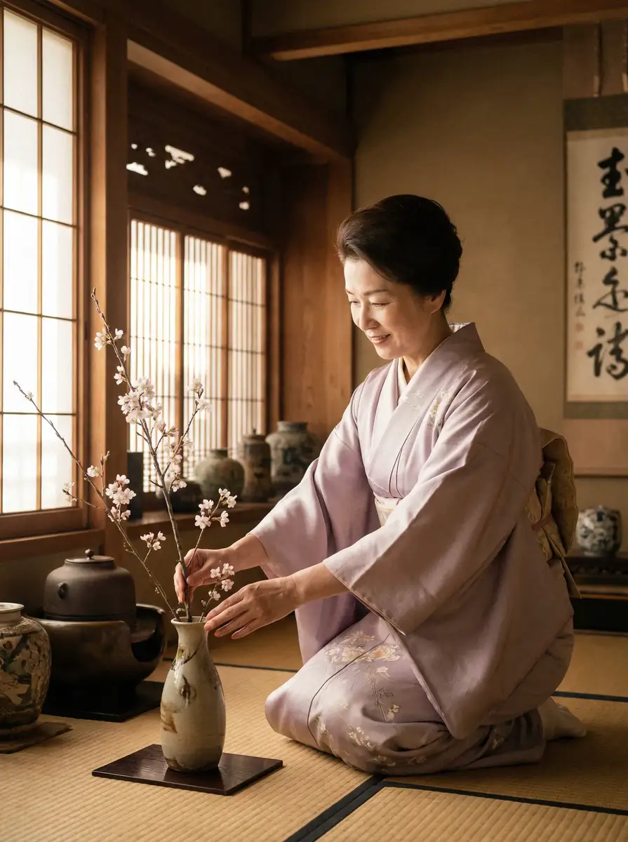 一位优雅的 51暗网 在和室中插花